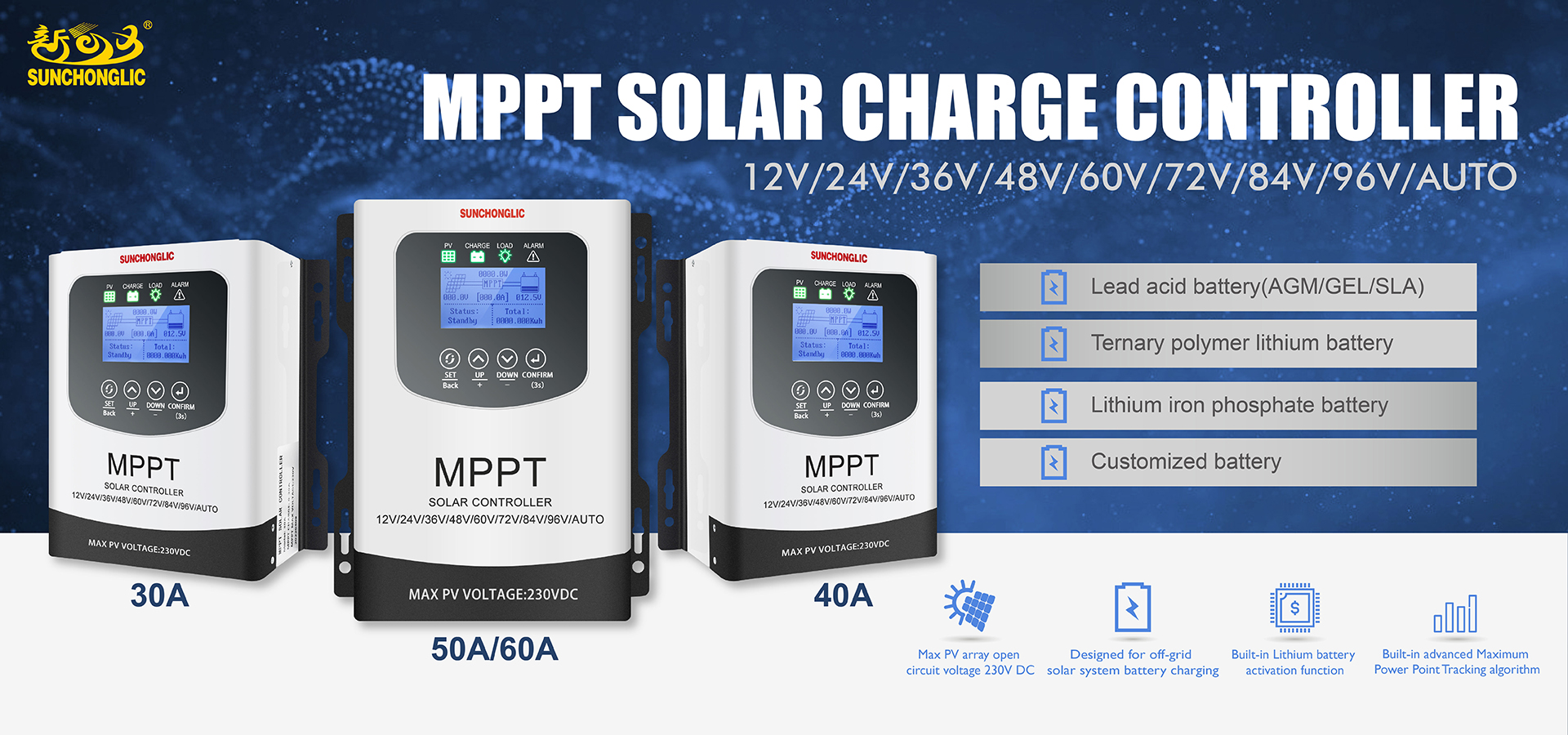 12V 24V 36V 48V 60V 72V 96V 30A 40A 60A MPPT solar charge controller