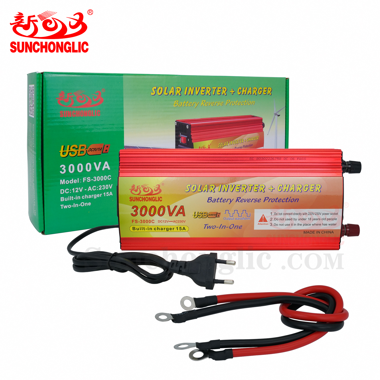 Sunchonglic inverters 12V to 220V 3KW 3000W 3000VA modified sine solar power inverter with 15A battery charger